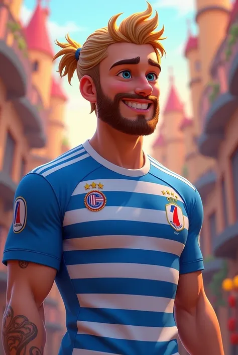 Young man with beard and blond hair tied together in an Olympique Lyonnais soccer shirt. Das bild ist im disneystyle 