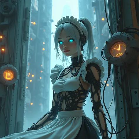 Beautiful female android maid charging, inside the space fortress, numerous wires and cords connected to her arms, back, head, waist and body, glowing blue eyes, level meter, dynamic angle, maid outfit