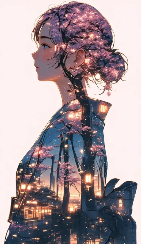  Double Exposure. Silhouette of a woman wearing a yukata.  Japanese scenic cherry blossom forest background in female silhouette.