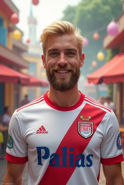 Young man with beard and blond hair tied together in a white soccer shirt from Olympique Lyon. Das bild ist im disneystyle 