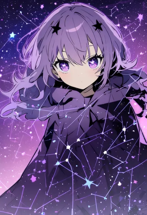 Female + purple hair + purple eyes + star eyes + white, black, and purple dress + constellation background