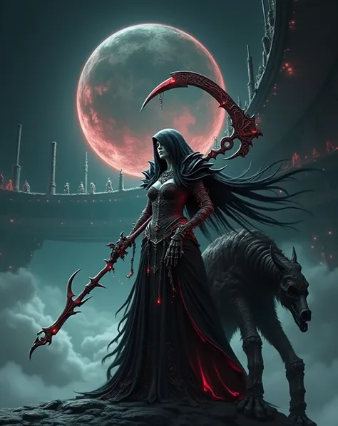 Queens god of death、Holding a scythe that is emanating red demonic energy、I can read the guilt、dark、An elaborate composition、Realistic Skeletons 、(An old black robe that covers the whole body)、A robe that covers the body、(A dusty, ruined world)、 diverse co...