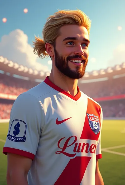 Young man with beard and blond hair tied together in a white soccer shirt from Olympique Lyon. Das bild ist im disneystyle 