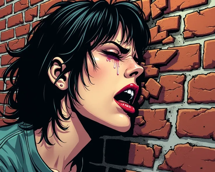 Close-up of drunk emo lady chin hitting the brick wall hard. comic style
