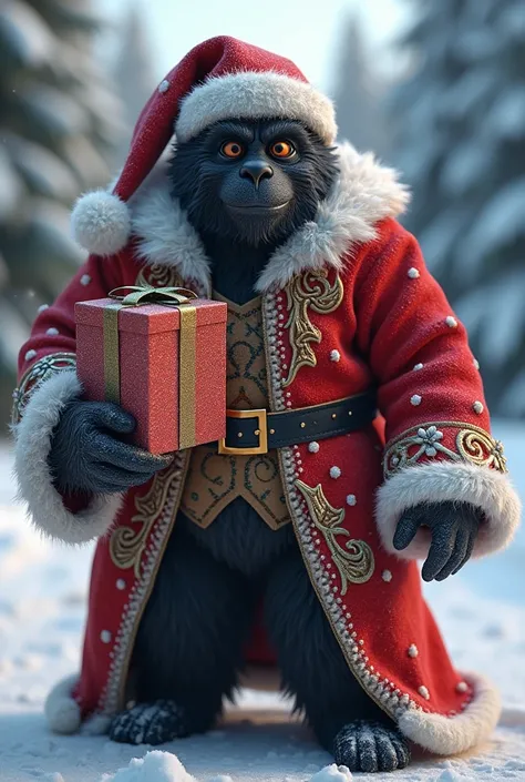 

A photo of a  darth Vador adorned in a richly detailed Santa Claus costume with a santa hat . He is generously presenting gifts. The furry giants expressive eyes . The background is a snowy landscape with trees. The ground is covered in snow. Photo réali...