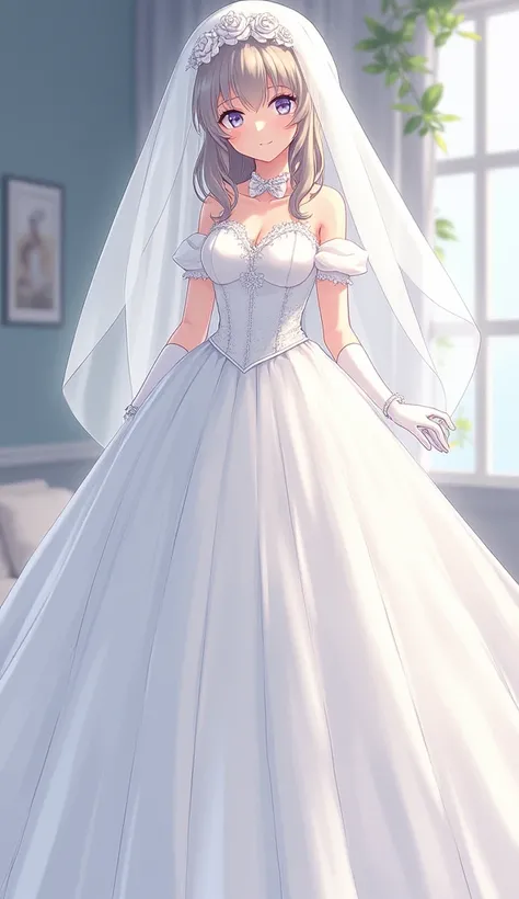  anime girl. 20 years. height 1.7 meters.  Big chest and ass .  Full-length white fluffy wedding dress. Stuff and earrings .  White elbow length gloves .  Full face wedding veil .  Full length from head to toe .