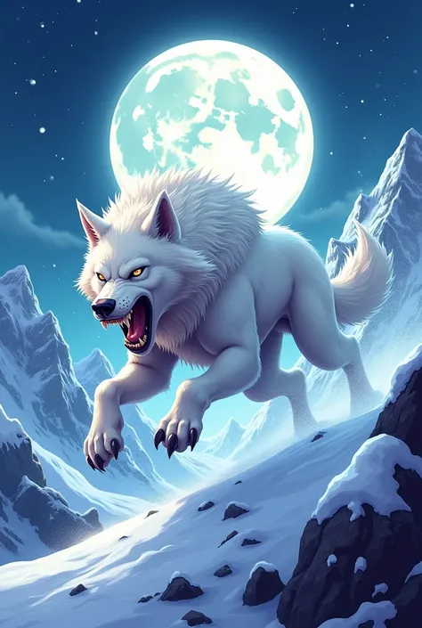 jumping white wolf attacking pose
Background Snowy mountain night scene and big moon 
Cartoon art
