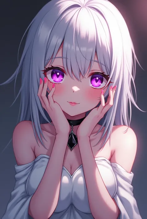 ,1 ,  hands on your own face,(((Yandere, transe Yandere))),Heart-shaped pupils,nails,( white hair,purple eyes),(Blush:1.1),Black necklace,Heart, medium breasts, ( heavy breathing :1.1), Heart,  white dress,  capable, portrait,  looking at the viewer , slee...