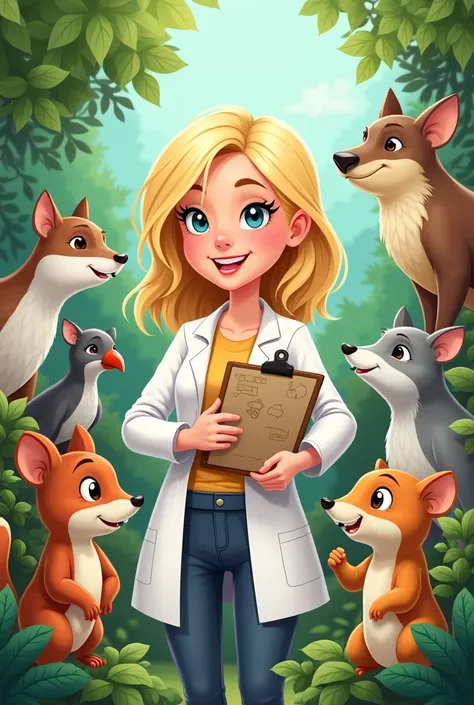 Cartoon of a blonde biologist with animals