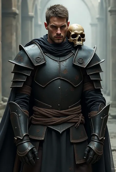 Short brown-haired white man with no beard  ,  with wounds dressed in black armor and with a skull 