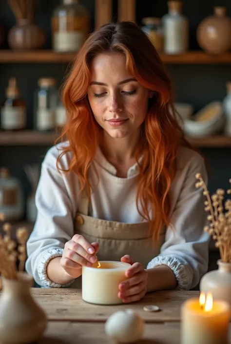  A girl who creates an aroma candle in her studio. She is young, 29 years old, rusy hair, height 155cm , with a beautiful figure and freckles on her face 