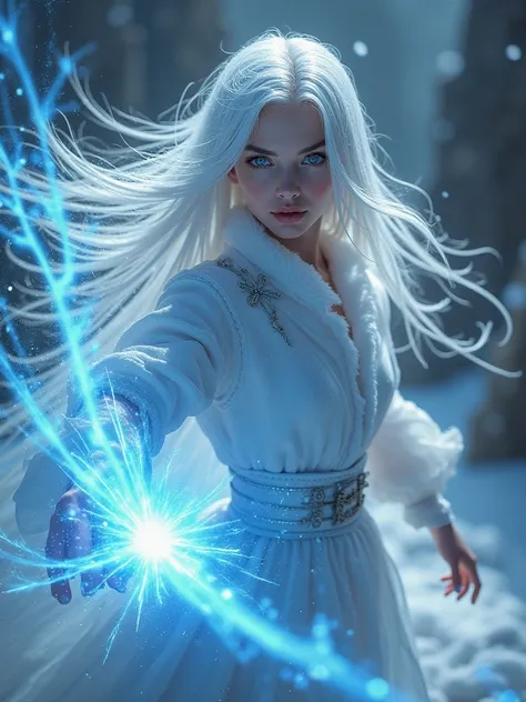 A very beautiful girl who fights zombies with snow magic, long white hair, wide and big eyes, and is attractive. "An exceptional image with unparalleled quality, crafted to the highest standards of precision and perfection. It features stunning details and...