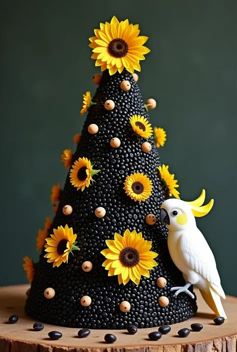 Christmas tree made of black sunflower seeds, decorated with sunflower seeds without shell, and with a star made of sunflower flower, and with yellow crested white cockatoo on side of tree but with actual black sunflower seeds not like previous..