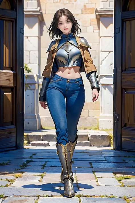  Perfectly Anatomically Correct Body , Perfect Hand, perfect fingers, (masterpiece,  High Quality ,  high definition ,  Golden Ratio ,  movie lighting, 8k), (((Full body))), 1 Extraordinary Beautiful Girl (((Great holy sword, Brown jacket, Black short pant...