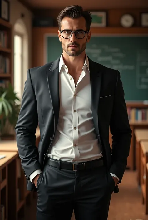 Create a sexy male teacher wearing glasses