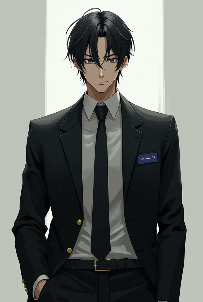 Anime A man in a clean black suit, with a sharp but emotionless face, his metallic gray eyes reflecting the light. His shirt design says HIKARI-01.