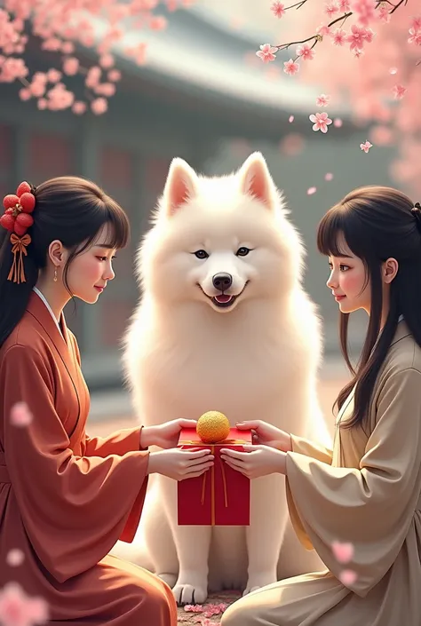 Are Japanese actresses and beautiful women giving New Years gifts on New Years(pochi bag)　A cute white Samoyed dog 