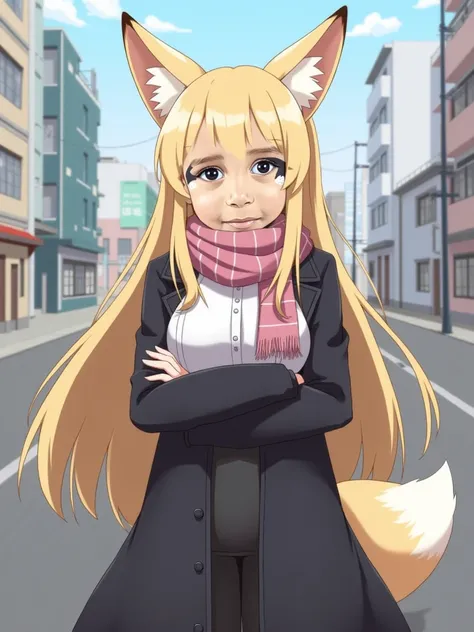 1girl, animal ear fluff, animal ears, aqua eyes, bangs, black coat, breasts, buttons, coat, crossed arms, fox ears, fox girl, highres, large breasts, long hair, looking at viewer, open mouth, partially unbuttoned,  road, scarf, shirt, short eyebrows, smile...