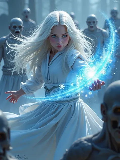 A very beautiful girl who fights zombies with snow magic, long white hair, wide and big eyes, and is attractive. "An exceptional image with unparalleled quality, crafted to the highest standards of precision and perfection. It features stunning details and...