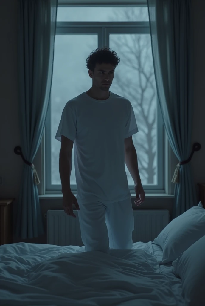 Dark morning,winter, a young man wake up out the bed, wearing white T-shirt and white long pants, realistic style, realism, realistic style😏