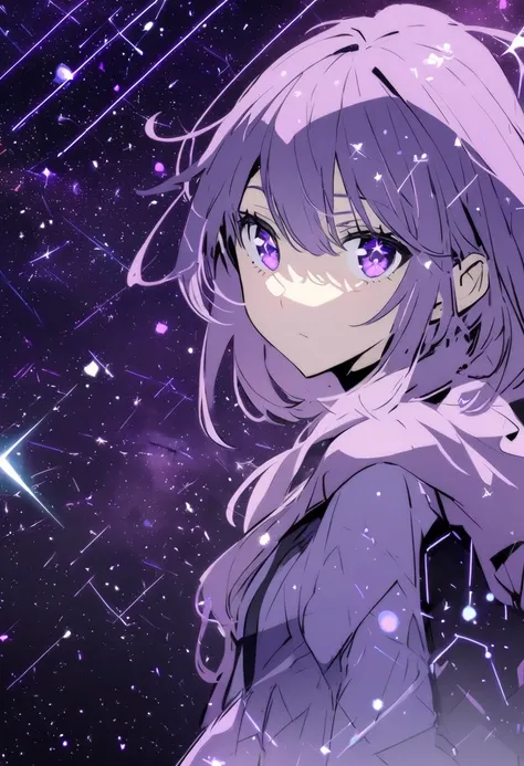 Female + purple hair + purple eyes + star eyes + adult + solo + white, black, and purple dress + constellation background