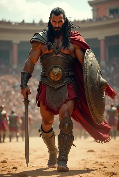 A handsome gladiator,he has long braided black hair,veiny muscular limbs, carrying a shield and a blade,he is glaring walking into the arena 