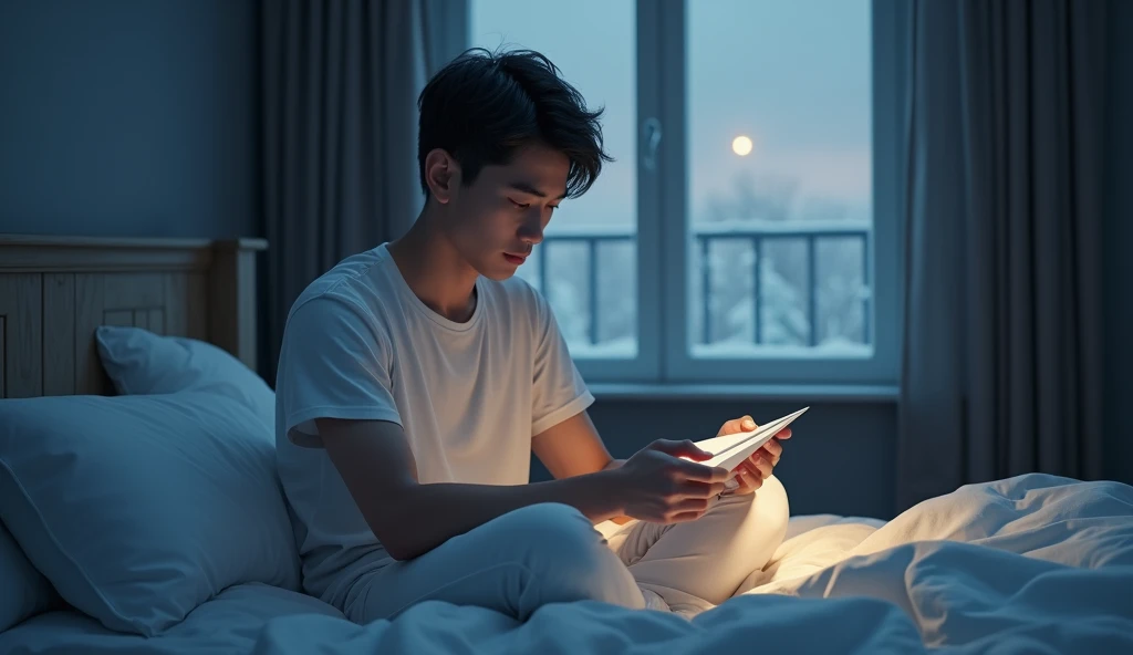 Dark morning,winter, a young man with a sheet of paper, in bed room, make paper airplanes ,wearing white T-shirt and white long pants, realistic style, realism, realistic style