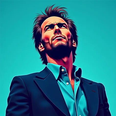 Create a vibrant Pop Art portrait of Clint Eastwood, in a classic 80s style suit with sharp lapels. Highlight his iconic facial structure and striking look. Use a cool, limited color palette of navy blues and turquoises, with flat, bold shapes and minimal ...