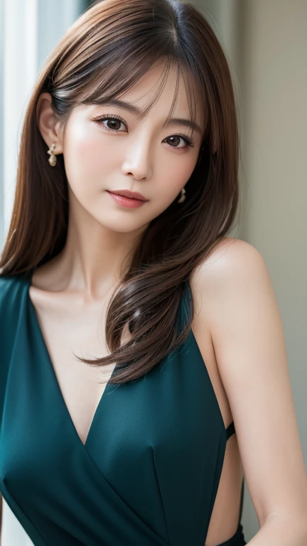 (best quality, masterpiece:1.2), ultra high res, raw photo, photorealistic, full color, Japanese, 1 woman, 65 years old, elegant face, realistic eyes, oblong face, small breasts, medium hair, straight hair, formal dress