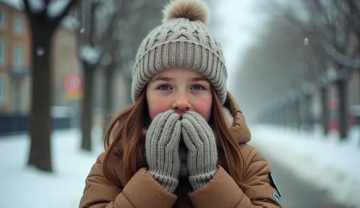 A close-up vintage-style photograph of a teenage girl wearing a snug beanie and a thick, padded winter jacket, her hands cupped over her mouth as if trying to warm herself, her breath visible in the crisp air. Her expression conveys a mix of shivering disc...