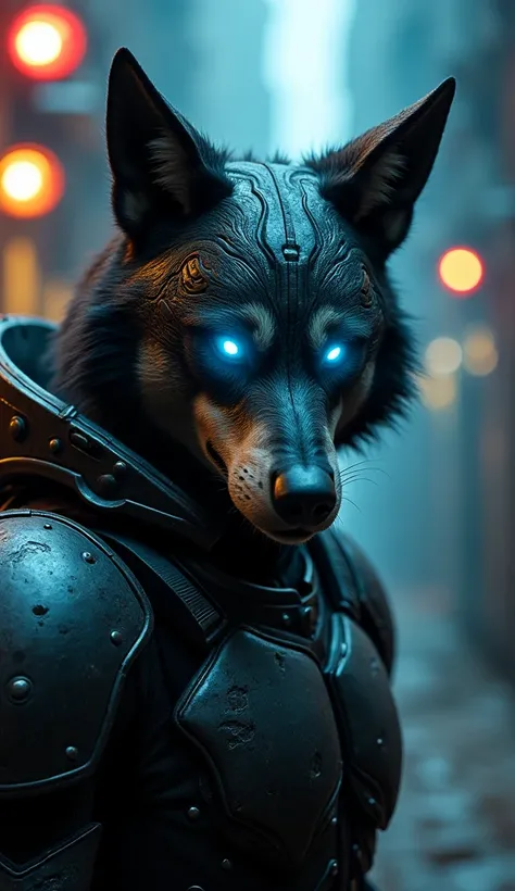 top-quality, Dramatic Writing,Blue glowing eyeballs， menacing pose, fierce look, epic atmosphere, (((Helmet in the shape of a wolfs head))), (((Full body shot))),Metal Wolf, cyborgs, Cyberpunk style, Clockwork, ((Intricate details)), nffsw, ((Intricate det...