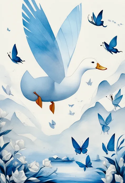 fusion of Eastern and Western paintings, art posters, simple drawing, cute white duck blowing on an origami windmill, blue butterfly, white butterfly, professional and perfect composition, extremely delicate depiction, extremely clear image, ultra detailed...