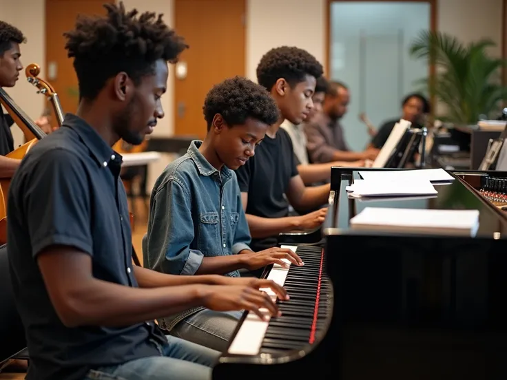 "A modern music studio with a diverse group of musicians practicing together. In the foreground, a person of modest background and no previous experience focuses intently on learning the piano, their fingers gently pressing the keys. Nearby, a seasoned mus...