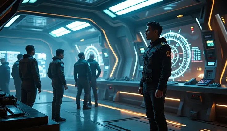 
"An intense sci-fi scene featuring a human crew aboard a futuristic spaceship, strategizing against a massive alien fleet. The human captain, confident and strategic, stands before a holographic map, with crew members in the background preparing for battl...