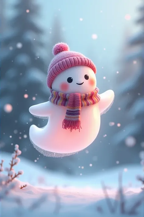 Cute ghost wearing hat hook wears mafela on neck pink color floating in the air backside of snowfall 