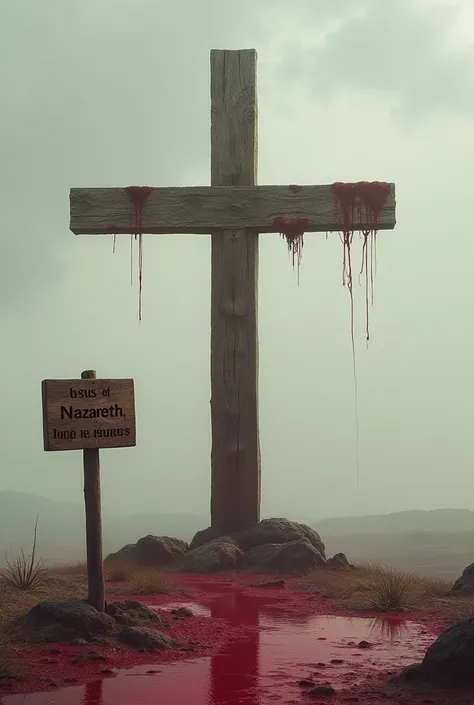  An empty cross and bloodstained to the ground with a sign with the text " Jesus of Nazareth , King of the Jews "