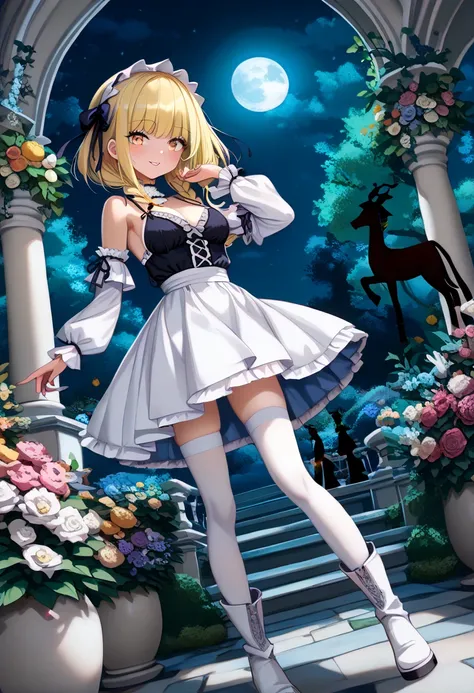 Prompt:(girl:1.5),(twin braid),(highlight:1.5),standing,((night,moon)),((gothic garden,flower garden:1.5)),((silhouette two colors Deployment camisole plain color ribbon pearl gothic lolita white one-piece skirt:1.5)),(white long sleeve:1.5),((white thigh ...