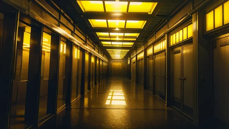 backrooms, liminal Space, suspicious atmosphere ,  Irregular channel, windowless space, maze, maze like space, Yellow Wall, yellow floor ,  countless fluorescent lights, intricate passageways, passageway that stretches sideways,  Another World