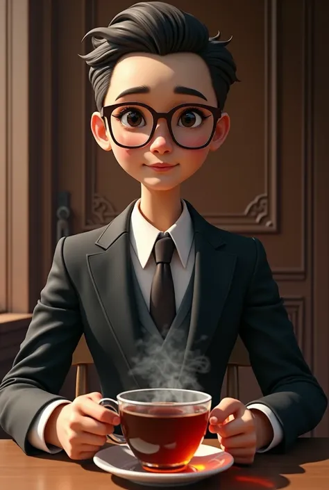 Create a bank leader character who is small in black tea and wears glasses 