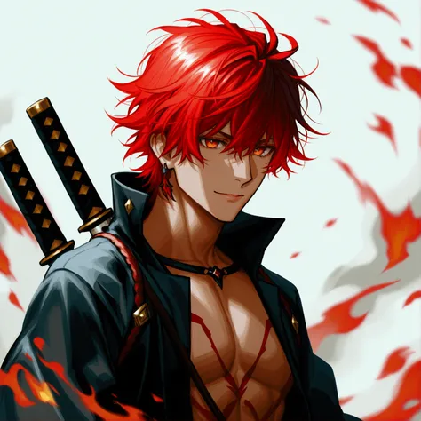 A high-quality anime-style anthropomorphic Katsuo no Warayaki (seared bonito) character design. The character is a passionate and fiery individual with a hot-blooded personality. He holds two iron skewers in his hands and wears a T-shirt with the word Kats...