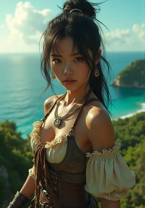 ((( a pirate woman who landed in the jungle on an uninhabited island))), (((Aerial photography))) ,((( poster art))) ,  High Definition CG Unity 8k Wallpaper, 最 High Quality ,  super detailed , (masterpiece: 1.3), (8k,  realistic ,  RAW photo, 最 High Quali...