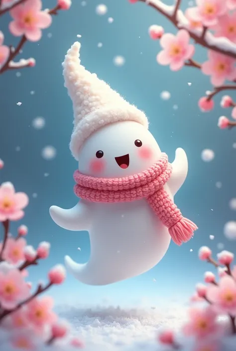 Cute ghost wears white hook hat wears mafela around neck pink color floating in the air backfield behind snowfall and blossom flowers there is colorful text writing on the handle "Good evening all "