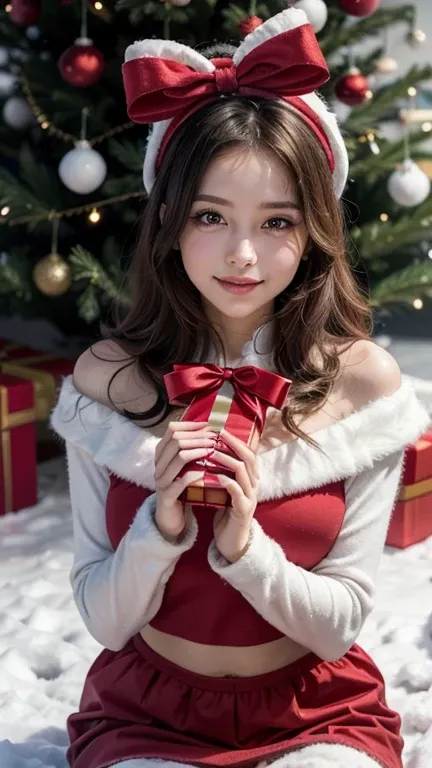 Young woman with long, black hair styled in soft waves, wearing a modern Santa-inspired outfit, sitting on a snowy ground while holding a large, wrapped gift box with both hands extended toward the camera.
She wears a festive red Santa crop top with long s...