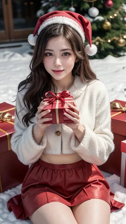 Young woman with long, black hair styled in soft waves, wearing a modern Santa-inspired outfit, sitting on a snowy ground while holding a large, wrapped gift box with both hands extended toward the camera.
She wears a festive red Santa crop top with long s...