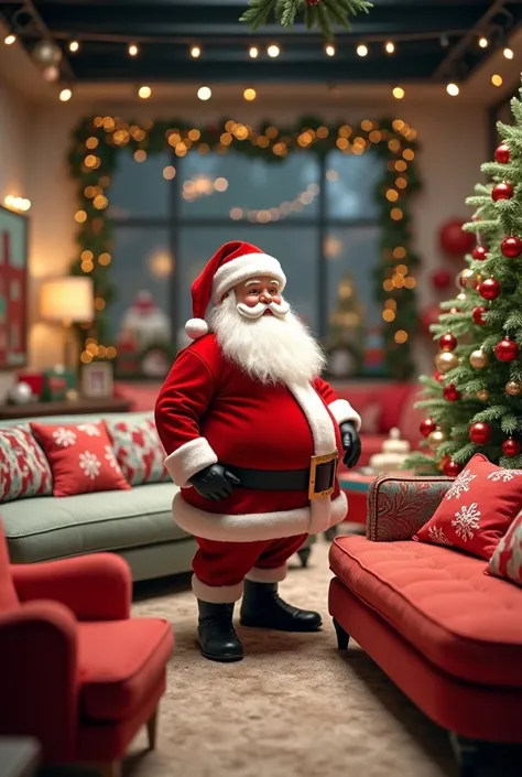 Santa Claus at a sofa store ,  the store is all organized for Christmas 