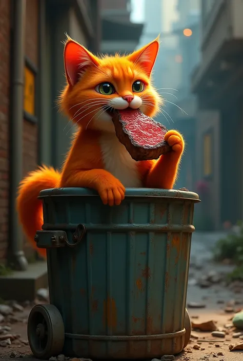 A red cat lies on a trash can and eats a steak 