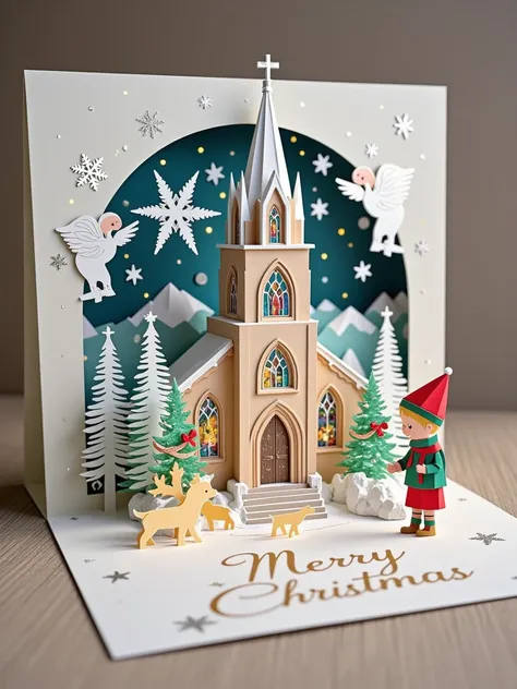  A realistic close-up photo of a handmade Christmas pop-up card ， paper-cut details of a handmade Christmas pop-up card 。After opening the card, ，, while the neutral background allows people to focus attention on the craftsmanship of the greeting card ：A m...