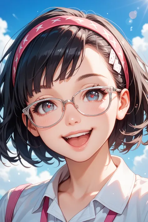  girl, Blue sky and white clouds,  wearing silver glasses,  happy ,  happy , Reddish cheeks,  black hair,  Wear a pink ribbon headband,  perfect quality ,  clear focus ( Clutter - Home: 0.8), (masterpiece: 1.2) ( realistic : 1.2) (Bokeh) ( top quality ) ( ...