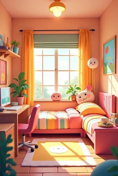 Cartoon bedroom, peach wall