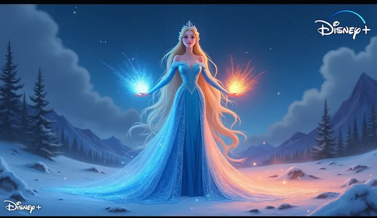 "Create a cinematic fantasy-style illustration inspired by Disneys Frozen. Depict a powerful and regal ice queen with long, flowing blonde hair, wearing a sparkling icy blue gown. She stands in a magical snowy landscape under a starry night sky, with mount...